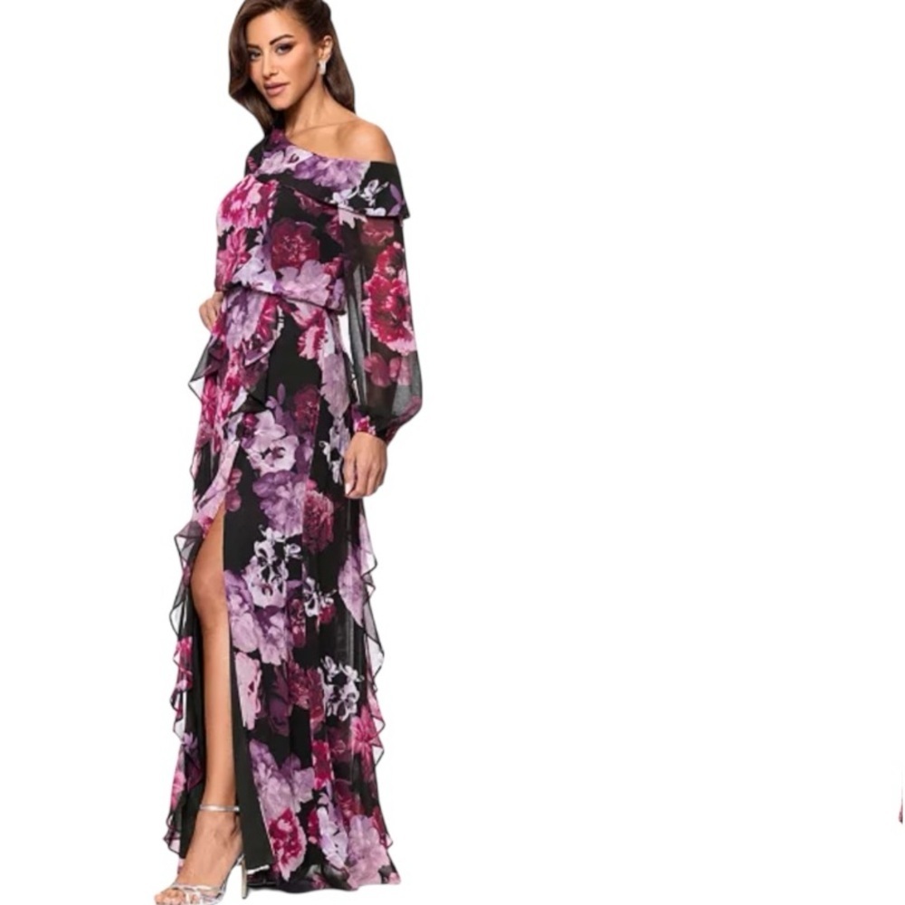 NWT XSCAPE Black Floral Sheer Long Sleeve Ruffle Detail Slit Dress Gown Size 6 - Picture 6 of 7